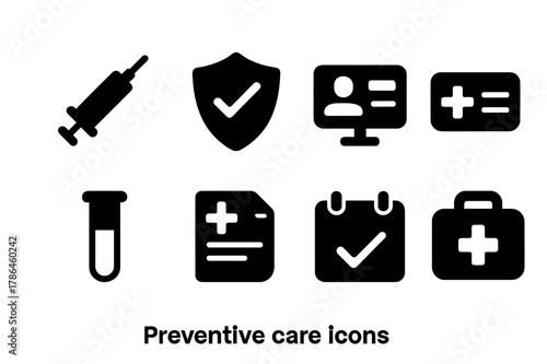Preventive Care Icons. Preventive care. Filled icon set of preventive care: vaccine syringe, checkmark shield,