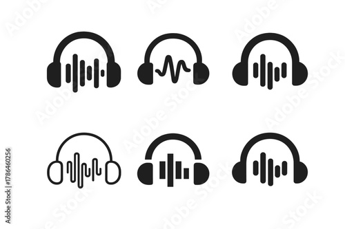 Studio Logo Designs. Recording and producing vocal tracks in the studio. Set Logo of Recording and producing vocal tracks in the studio: headphone and waveform