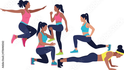 Diverse Group of Women Exercising Cardio Strength Training and Fitness Routine Illustrations