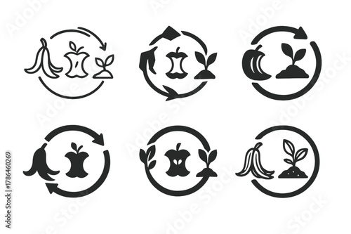 Composting Logo Variations. Composting and waste reduction methods. Set Logo of composting and waste reduction methods: kitchen scraps to soil cycle. Icon set.