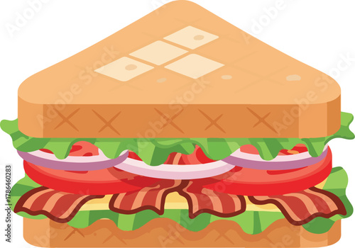 Delicious Cartoon Bacon Lettuce Tomato BLT Club Sandwich Icon Illustration
