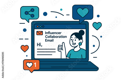 Influencer Email Art. Influencer Collaboration Email. A laptop screen displays an open email addressed to a