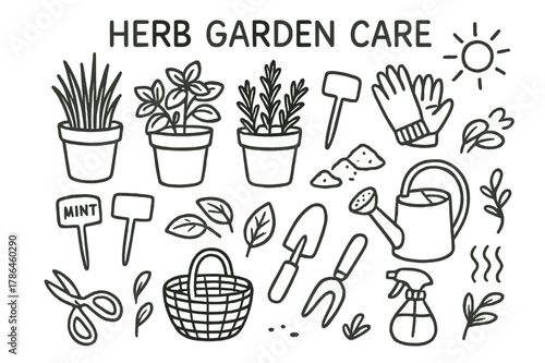 Herb Garden Essentials. Herb garden care. Hand-drawn doodle illustration herb garden care pots, scissors, watering can, herbs, label sticks, sunlight, gloves,