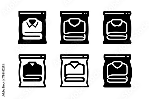 Vacuum Storage Icons. Storing off-season clothes in vacuum-sealed bags. Icon set. Set Logo of storing off-season clothes in vacuum-sealed bags: sealed zipper
