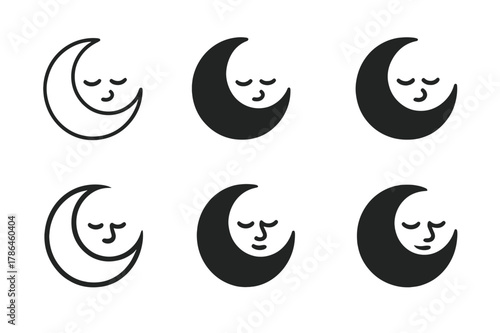 Sleep Symbol Logos. The importance of sleep. Set Logo of the importance of sleep: sleeping face inside moon shape. Icon set. harmonious logo variations of the