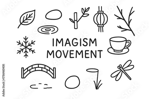 Imagism Elements Doodle. Imagism movement. Hand-drawn doodle illustration Imagism movement short poem card, leaf, pebble, water ripple, lantern, bamboo,