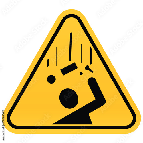 Falling objects hazard warning sign vector illustration of a yellow triangle with falling debris isolated on white background