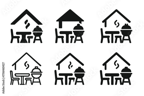 Outdoor Kitchen Icons. Home barbecues and outdoor kitchens. Icon set. Set Logo of home barbecues and outdoor kitchens: family table near outdoor grill area.