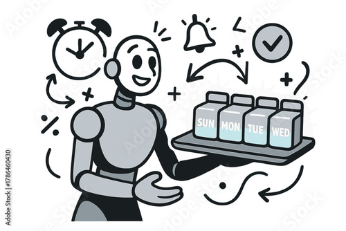 Robot Medication Helper. Medication assistance. A robot presenting a tray with labeled pill boxes glowing