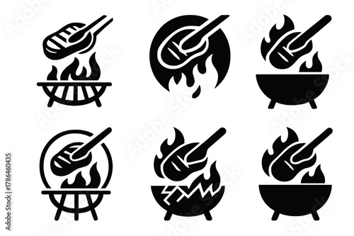 Family BBQ Logo Variations. A family enjoying a BBQ in the backyard, with grilled meats and vegetables. Set Logo of A family enjoying a BBQ in the backyard,