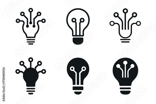 Innovative Logo Concepts. Startups and innovation. Set Logo of startups and innovation: lightbulb with circuit nodes radiating. Icon set. harmonious logo