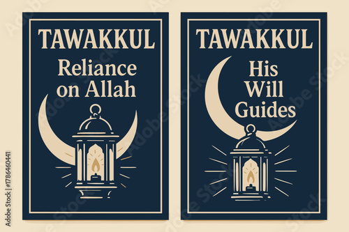 Tawakkul Banners Design. Tawakkul. Two vertical A6 banners with safe margins, centered composition, no elements touching edges, bold, navy and beige, lantern