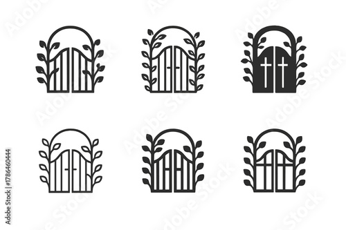 Garden Gate Logos. Property landscaping and curb appeal. Set Logo of property landscaping and curb appeal: garden gate with climbing vines. Icon set.