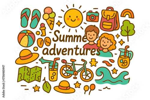 Summer Adventures Doodle. Summer adventures. Hand-drawn doodle illustration of Summer adventures. Sun, beach