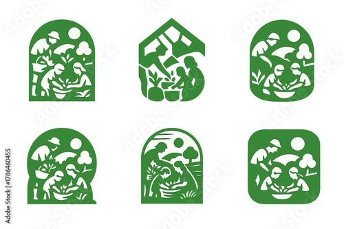 Farm Fresh Family. A family picking fresh vegetables from their garden in the countryside. Set Logo of a family picking fresh vegetables from their garden in