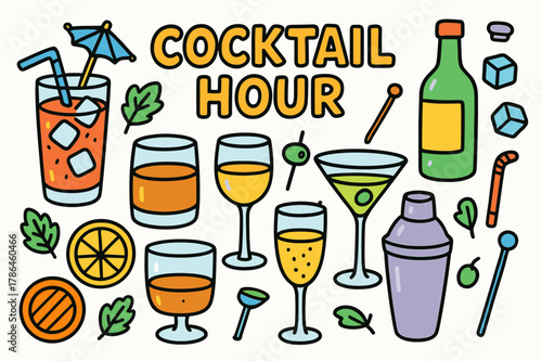 Colorful Cocktail Doodle. cocktail hour. Colorful Hand-drawn doodle Children illustration cocktail hour cocktail glass, wine glass, martini, whiskey glass,