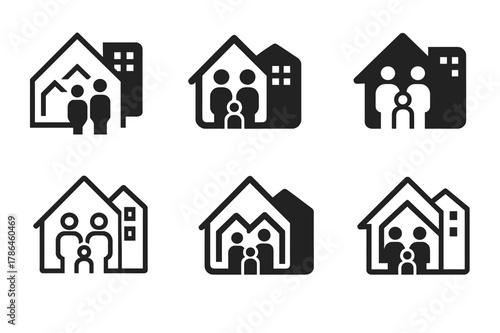 Flexible Work Logos. Flexible work schedules for parents. Icon set. Set Logo of Flexible work schedules for parents: overlapping home and office icons.