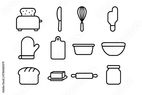 Breakfast Baking Tools. Breakfast baking tools. Line outline icon set of breakfast baking tools: toaster,