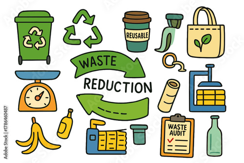 Colorful Waste Recycling Icons. Waste reduction. Colorful Hand-drawn doodle Children illustration Waste reduction recycle bin, compost bin, sorting arrows,