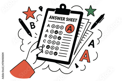 Academic Evaluation Imagery. Academic evaluation. A teacher?s hand holds a clipboard with multiple answer