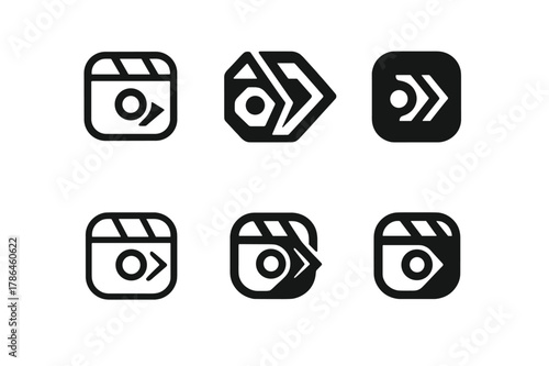 Creative Logo Variations. Reels and TikTok storyboard. Icon set. Set Logo of reels and TikTok storyboard: camera lens with motion arrows. harmonious logo