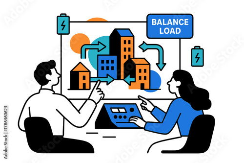 Smart Grid Visualization. Smart Grid Control. Operators watch simplified city blocks glow as power flows animate in arrows; ?Balance Load? pulses on a floating