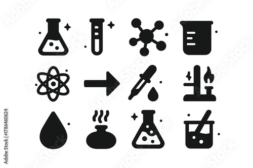 Chemical Lab Icons. Chemical Lab Work. Solid icons set of Chemical Lab Work: flask, test tube, molecule, beaker, atom, reaction arrow, pipette, Bunsen burner,