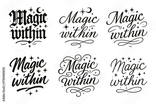 Calligraphy Magic Grid. Magic within. Create a calligraphy lettering illustration of the phrase: Magic within.
