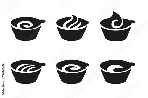 Abstract Pigment Swirls. Bowl with hair dye. Set Logo of abstract swirl of pigment in bowl: Abstract geometric, Flat solid, Iconic shape, Minimal outline,