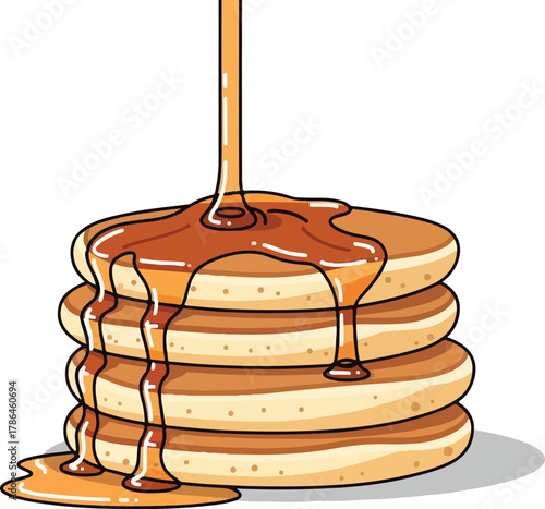 Delicious Stack of Pancakes with Syrup Pouring Isolated on White Background