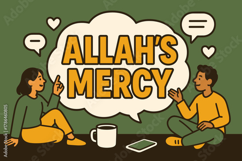Allah's Mercy Banner. Allah?s Mercy banner, flat vector illustration, bold oversized text inside sticker outline banner, cartoon characters sitting and
