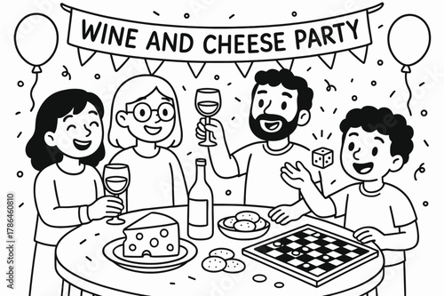 Kids' Wine Cheese Party. wine and cheese party children?s coloring book illustration, outlined drawing, friends having a wine and cheese party with fun and