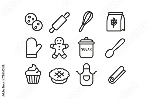 Festive Baking Icons. Festive baking. Line outline icon set of festive baking: cookies, rolling pin, whisk,