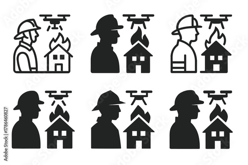 Firefighting Technology Logos. Firefighters and emergency services working with technology. Set Logo of firefighters and emergency services working with
