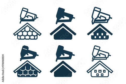 Renovation Logo Variations. Home renovation and remodeling. Set Logo of Home renovation and remodeling: roof with shingles and nail gun. Icon set. harmonious