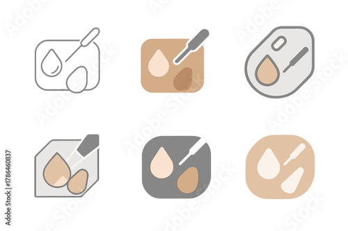 Logo Design Variations. Beauty blender and foundation. Set Logo of mixing palette: metal palette with spatula and drop. Icon set. harmonious logo variations of