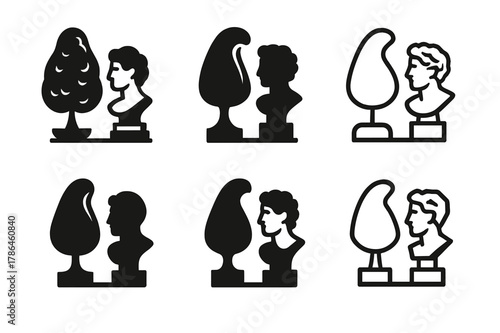 Sculpture Garden Logos. Sculpture gardens. Set Logo of Sculpture gardens: topiary beside classical statue. Icon set. harmonious logo variations of the same