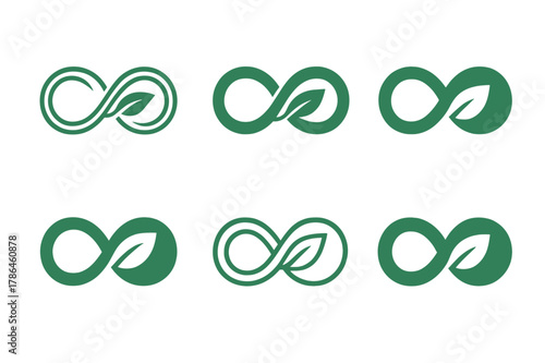 Climate Hope Logos. Climate hope. Icon set. Set Logo of climate hope: circular economy infinity leaf. harmonious logo variations of the same emblematic
