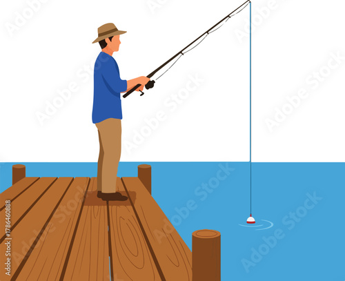 Man in Hat Fishing from Wooden Dock on Bright Day Vector Illustration