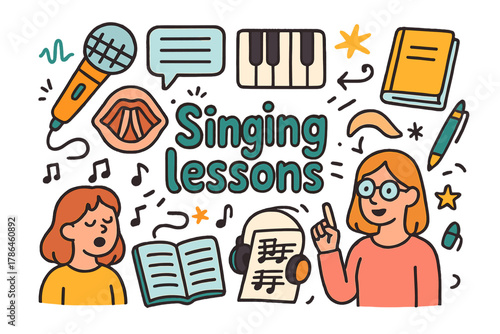 Singing Lessons Doodle. Singing lessons. Hand-drawn doodle illustration of singing lessons. Microphone, piano