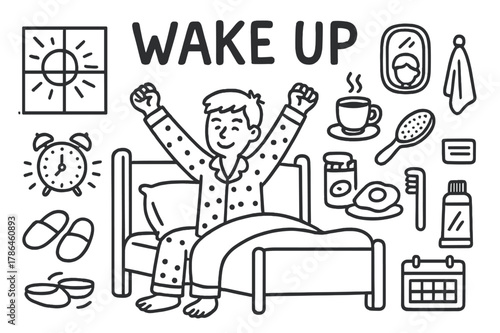 Morning Routine Doodle. Wake Up. Hand-drawn doodle illustration Wake Up person stretching, bed, alarm clock, window, sunlight, pajamas, slippers, coffee cup,