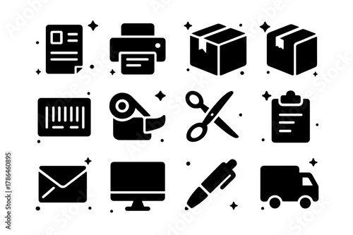 Shipping Icons Set. Shipping Operations. Solid icons set of Shipping Operations: shipping label, printer, package, box, barcode, tape dispenser, scissors,