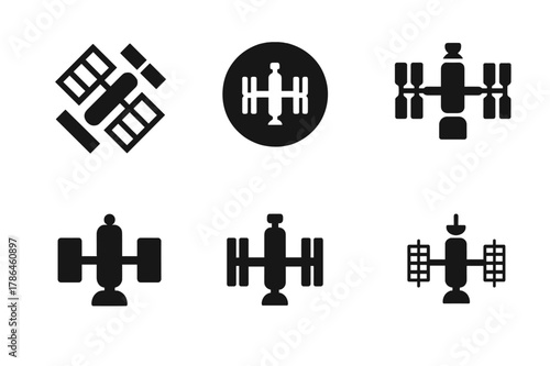 Space Station Logo Variations. Space Exploration. Set Logo of Space Exploration: space station. Icon set. harmonious logo variations of the same emblematic