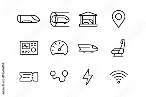 Hyperloop Icon Set. Hyperloop travel. Line outline icon set of hyperloop travel: hyperloop pod, tube tunnel,