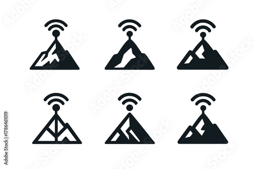 Trekking Logo Variations. Trekking in remote and unexplored areas. Set Logo of Trekking in remote and unexplored areas: satellite beacon signal on summit. Icon