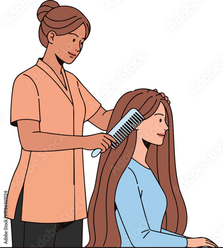 Professional Hairdresser Combing Long Hair of a Happy Client in Salon Illustration