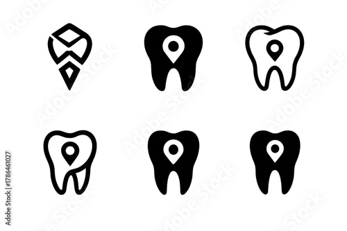 Dental Tourism Logos. Dental tourism. Set Logo of Dental tourism: tooth with location pin. harmonious logo variations of the same emblematic concept, each with