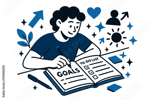 Planner Productivity Scene. A person setting goals and writing a to-do list in a planner for self-improvement. Planner open with checklist, pens, and sticky