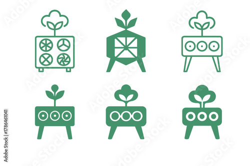 Climate Solution Logos. Innovative solutions for climate change. Icon set. Set Logo of innovative solutions for climate change: direct air capture plant.