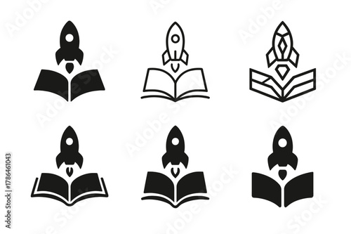 Sci-Fi Book Logos. Science fiction books. Icon set. Set Logo of sci-fi books: rocket emerging from book pages. harmonious logo variations of the same